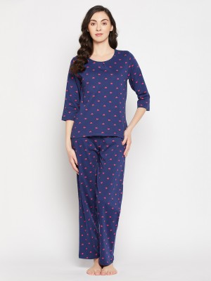 Clovia Women Floral Print Blue Top & Pyjama Set