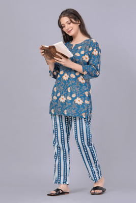 Shopaxis Women Printed Blue, Orange Top & Pyjama Set