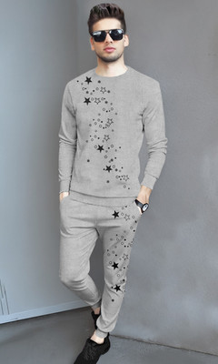 TRIPR Men Printed Grey, White Night Suit Set