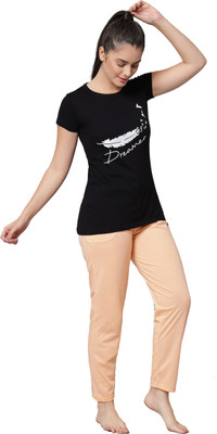 Fit N Fame Women Printed Black Top & Pyjama Set