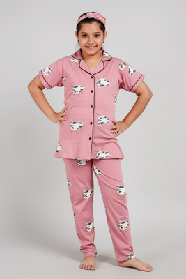 Bloem Girls Self Design Pink Shirt & Pyjama set