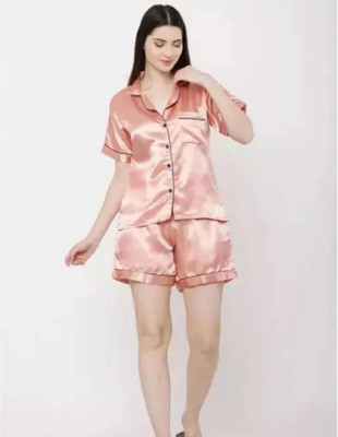 Vd hub Women Solid Pink Night Suit Set