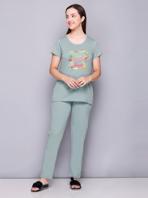 ELPIDA Women Printed Light Green Top & Pyjama Set