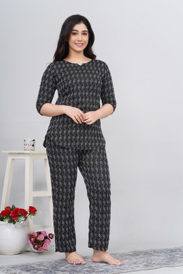 STYLOFUSION Women Self Design Black Night Suit Set