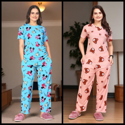 FASHION GREAB Women Printed Blue Top & Pyjama Set
