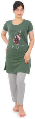 Bliss Bell Women Printed Green Top & Pyjama Set