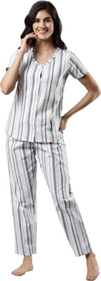 femmora Women Striped Blue, White Shirt & Pyjama set