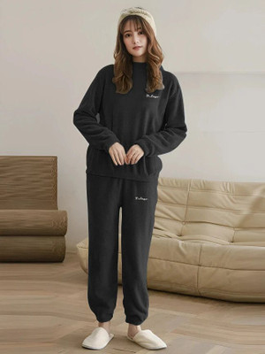 Cut Style Clothing Women Solid Black Night Suit Set