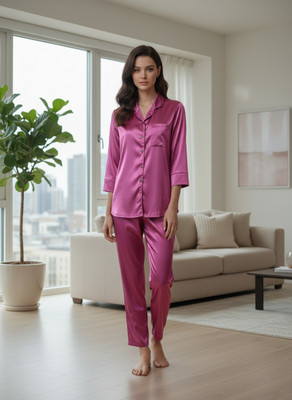 FABLUSH Women Solid Pink Shirt & Pyjama set