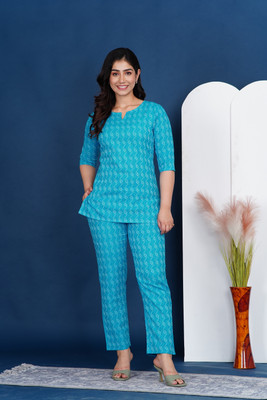STYLOFUSION Women Self Design Light Blue Night Suit Set