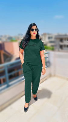 FIRETEACK Women Solid Dark Green Night Suit Set