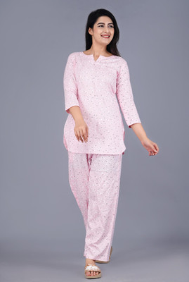 PRADHRUHE Women Printed Pink, White Top & Pyjama Set