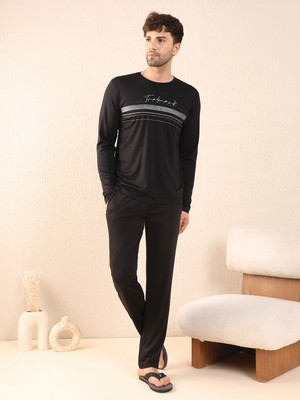 SWEET DREAMS Men Striped Black Top & Pyjama Set