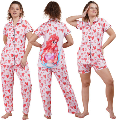 GuSo Shopee Women Self Design, Printed Red Night Suit Set