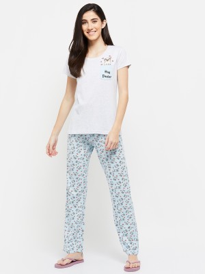 MAX Women Printed Grey Top & Pyjama Set