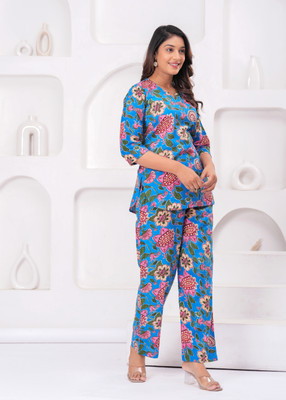 bokata Women Floral Print Blue Night Suit Set