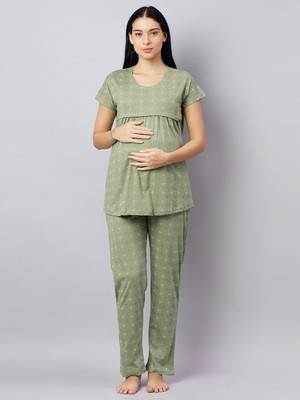 DZZO Women Printed Light Green Top & Pyjama Set