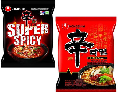Nongshim Red Super Spicy & Kimchi Korean Style Instant Noodles (2X120g) ( Combo Pack) (Pack Of 2) Instant Noodles Non-vegetarian(2 x 120 g)