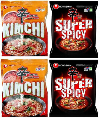 Nongshim Red Super Spicy & Shin Kimchi Instant Noodles 120gm*4 Pack (Pack of 4 Multi-Pack) (Imported) Instant Noodles Vegetarian(4 x 120 g)