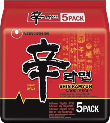 Nongshim Ramyun Korean Style Spicy Noodle Soup Instant Noodles (Pack of 5) Instant Noodles Vegetarian(5 x 120 g)