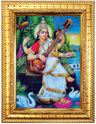 BUZZACCESSORIES Maa Saraswati Goddess Framed Wall Painting Multi 37 Religious Frame