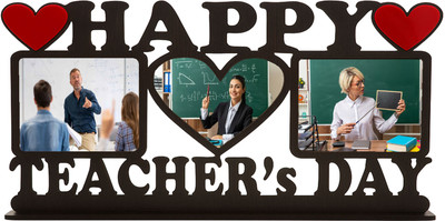 Print Ginnie MDF Table Photo Frame(Black, 3 Photo(s), Happy Teacher’s Day MDF Wooden Photo Frame 8*8, with 3 Photo Slots & Heart Design | Gift for Teachers)