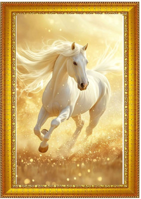Niko MDF Wall Photo Frame(Gold, 1 Photo(s), White Horse Wall Frame showcases a powerful group of running white stallions, symbolizing speed, purity, success, and positive energy|9x12 Inch)