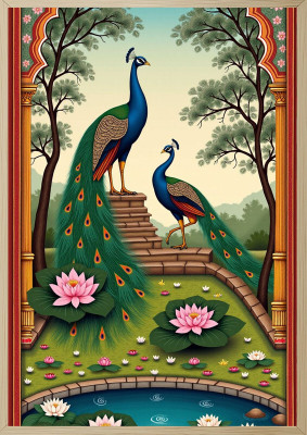 Tasvirra MDF Wall Photo Frame(Brown, 1 Photo(s), Majestic Peacocks by a Lotus Pond: An Indian Traditional Art Piece - (9*12 inch))