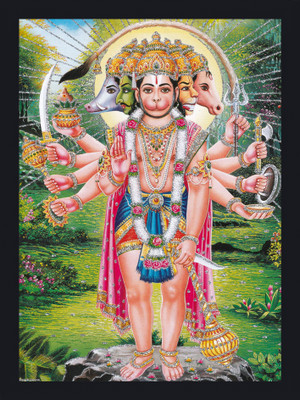 Gita Govinda Panchmukhi Hanuman/bajrangbali Sparkle Coated Painting Digital Reprint 14 inch x 10 inch Painting(With Frame)
