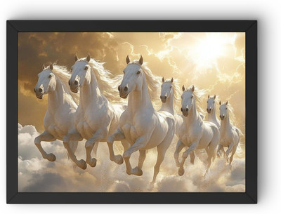 Elumish MDF Wall Photo Frame(Black, 1 Photo(s), 7 Horses Vastu Frame Wall Art Painting, White Running Horses On Water Painting Vastu Rising Sun Wall Decor Size 9x12inch)