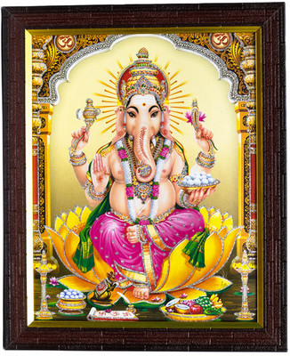 Cherriee Lord Ganesh ji with riddhi siddhi photo frame for pooja, wall decor Religious Frame