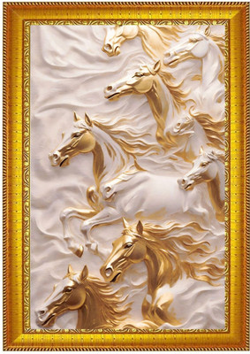 Niko MDF Wall Photo Frame(Gold, 1 Photo(s), 7 White Horses Running Photo Frame|9x12 Inch)
