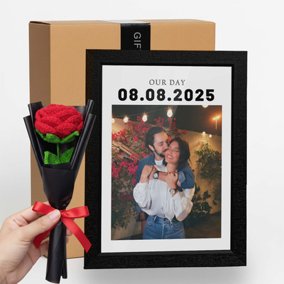 Giftway MDF Wall Photo Frame(Black, 1 Photo(s), Our Day Customised Frame with Crochet Red Rose | Couple Gifts | Wedding Gift for Couples | Send Photo 73038 86316)