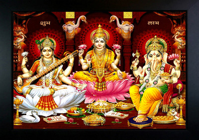 CrowdHall Laxmi Ganesh Saraswati Photo Frame ( 13.5 x 10 In ) Religious Frame