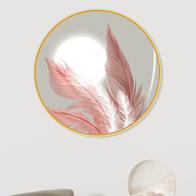 SAF PRINT Pink Feather & Moon Round Wall Painting | Elegant Modern Art with Golden Frame(Multicolor)