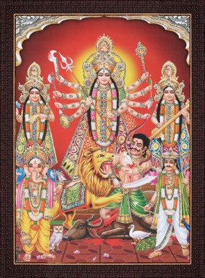 craftery Durga | Ambe | Sherawali Maa Rudra Roop With Kartik Ganesh Laxmi Sarasawti Ji Digital Reprint 14 inch x 10 inch Painting(With Frame)