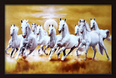 Stuthi Arts VASTU WHITE NINE HORSE PAINTING WITH BROWN PHOTO FRAME Religious Frame