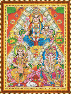 craftery mahalaxmi with Ganesh Saraswati maa Digital Reprint 14 inch x 10 inch Painting(With Frame)