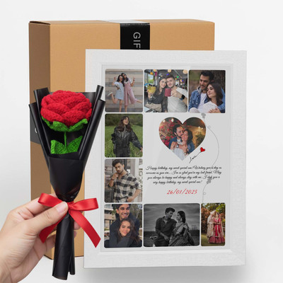 Giftway MDF Wall Photo Frame(White, 1 Photo(s), Heart Collage Frame with Crochet Red Rose | Couple Gifts | Wedding Gift for Couples | Send Photo 73038 86316)