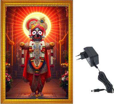 HSB INFRA MDF Wall Photo Frame(Gold, 1 Photo(s), Divine Shri Jagannath Puri Trio (Balabhadra & Subhadra) LED Light Photo Frame with Adapter for Home Mandir & Pooja Room Wall Hanging)
