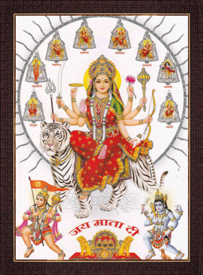 craftery Durga Maa | Ambe | Sherawali | Nav Durga | 9 Form On Tiger | Vaishno Devi Yantra Religious Frame