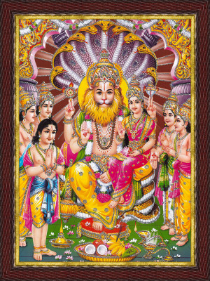Cherriee Lord Narasimha Sparkle Coated Painting with wooden frame Religious Frame