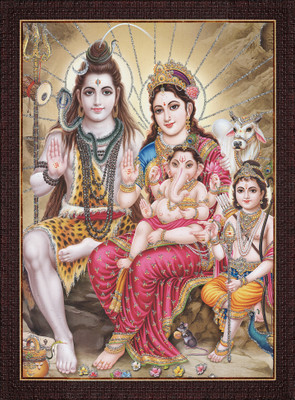 craftery Shiva Parvati With Ganesh And Kartikeya Ji | Shiv Parivar Digital Reprint 14 inch x 10 inch Painting(With Frame)