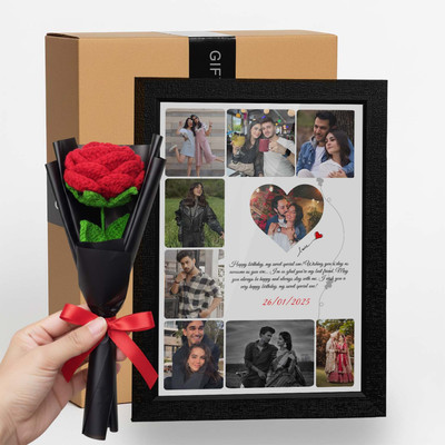 Giftway MDF Wall Photo Frame(Black, 1 Photo(s), Heart Collage Frame with Crochet Red Rose | Couple Gifts | Wedding Gift for Couples | Send Photo 73038 86316)