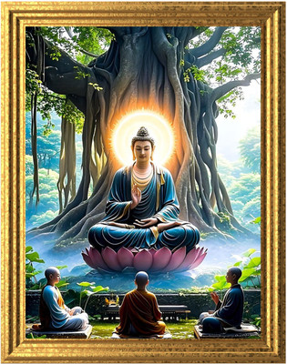 Frayzo MDF Wall Photo Frame(Gold, 1 Photo(s), Gautam Buddha Under Bodhi Tree Wall Frame | Enlightenment Teaching Art | Peaceful Meditation Decor (9x12 Inch))