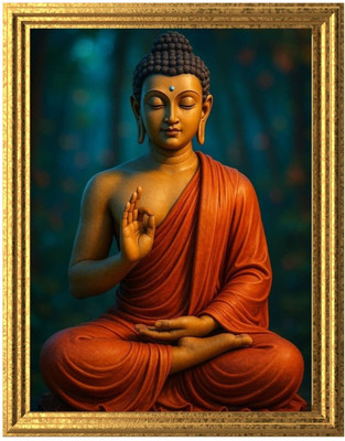 Frayzo MDF Wall Photo Frame(Gold, 1 Photo(s), Lord Buddha Wall Frame | Peaceful Meditation Art Print with Golden Border (9x12 Inch))