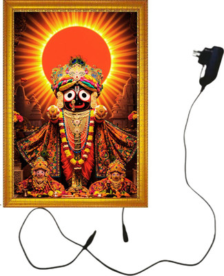 HSB INFRA MDF Wall Photo Frame(Gold, 1 Photo(s), Divine Shri Jagannath Puri Trio (Balabhadra & Subhadra) LED Light Photo Frame with Adapter for Home Mandir & Pooja Room Wall Hanging)