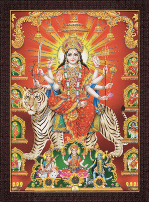 craftery Durga Maa | Ambe | Sherawali | Nav Durga | 9 Form On Tiger | Vaishno Devi Yantra Digital Reprint 14 inch x 10 inch Painting(With Frame)
