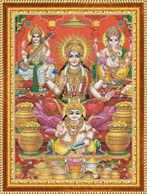 craftery LAXMI JI GANESH JI SARASWATI JI WITH KUBER MAHARAJ Religious Frame