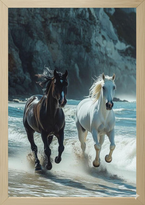 Tasvirra Wood Wall Photo Frame(Brown, 1 Photo(s), Black & White Horses Beach Run Wall Frame Art Painting | Wooden Photo Frame 9*12)